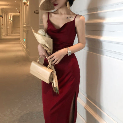 Women's Mid-length Satin Sling Dress