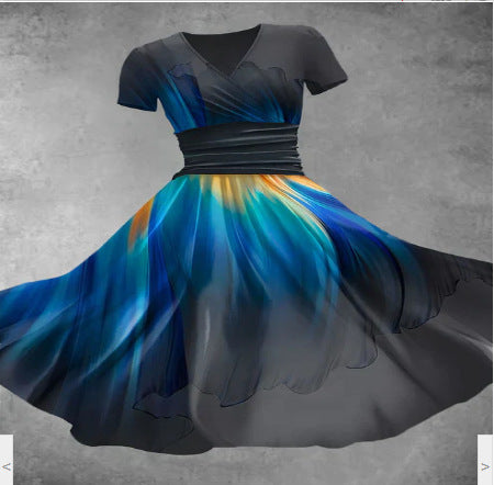 Women's Floral 3D Digital Printed V-neck Short Sleeve Dress