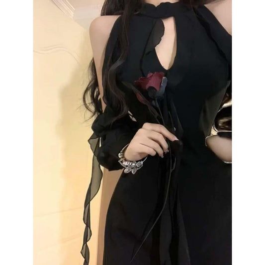 Hot Girl Style Design Black Mori Style Summer New Pure Desire Style Cinched Short Dress