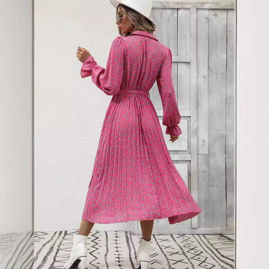 Fashion Tie Pleated Long Sleeve Big Hem Dress
