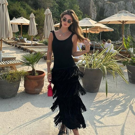 Solid Color Hem Tassel Knitted Sling Dress