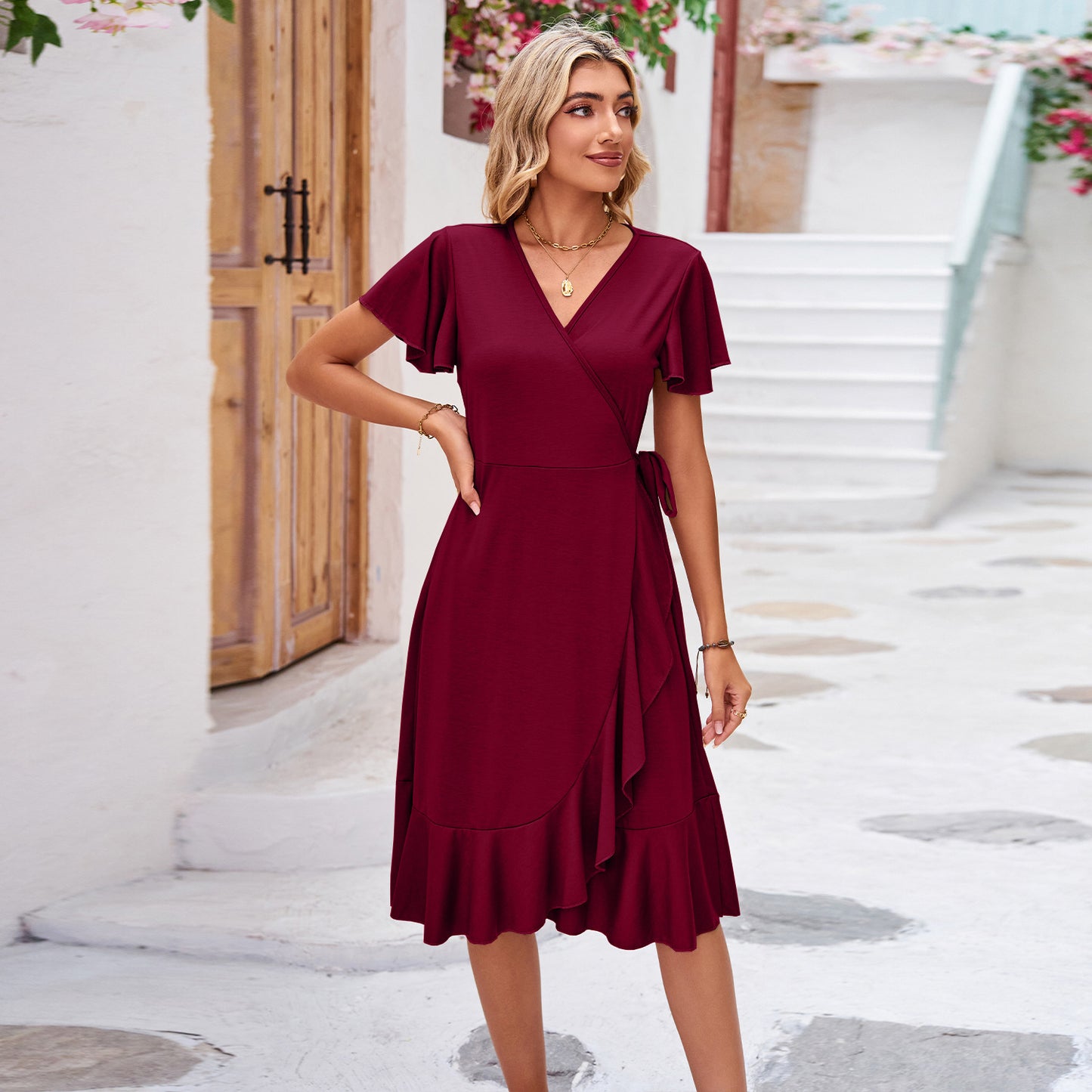 Cross V-neck Short Sleeve Lace-up Dress Irregular Tight Skirt