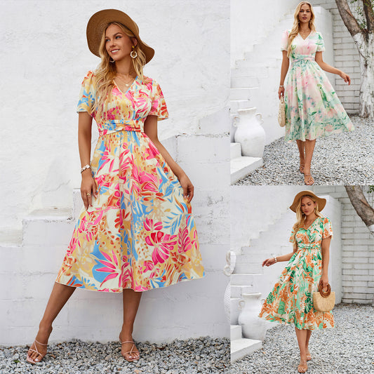 24-year Casual Summer Short Sleeve Printed V-neck Dress