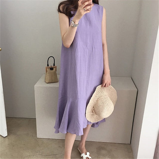 Taro Purple Linen Dress Casual Sleeveless Loose Slimming Fishtail