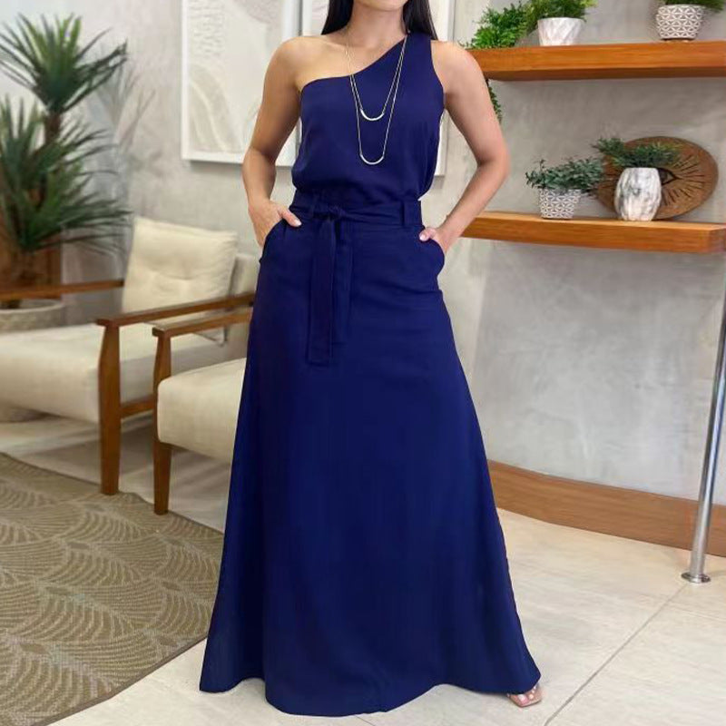 Fashion Solid Color Diagonal Collar Sleeveless High Waist Skirt Suit