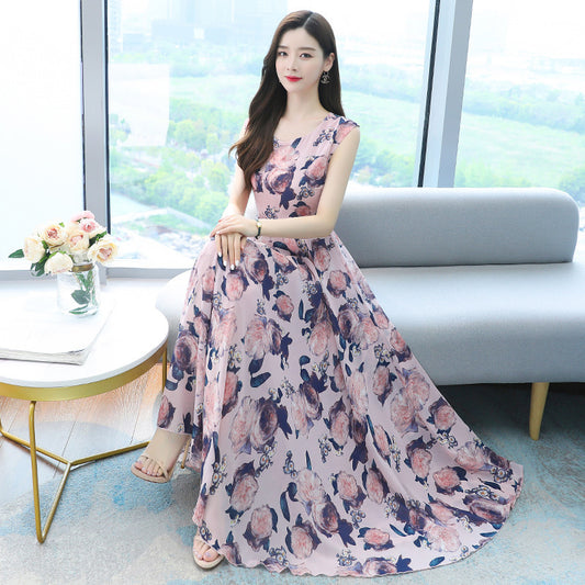 Summer New Lady Floral Sleeveless Dress, Middle-aged Mother, Western Style Is Thin And Age-reducing Temperament