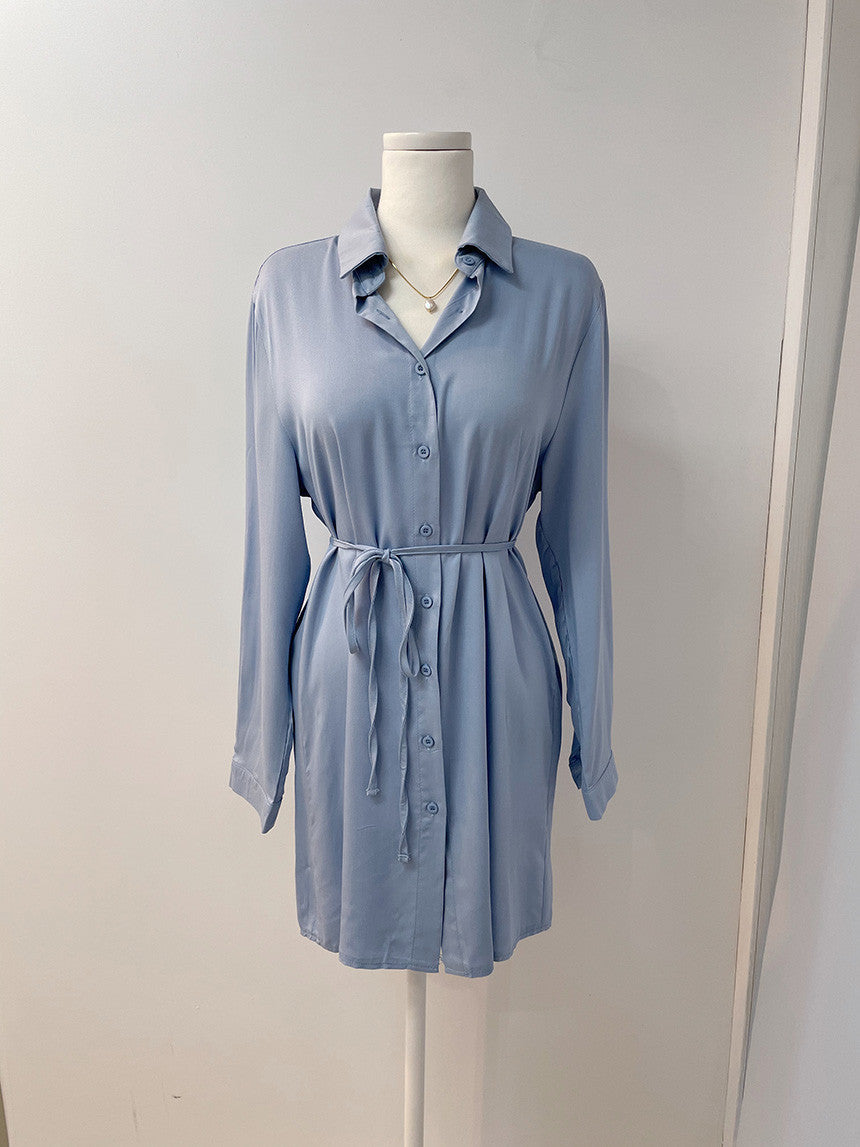 Lapel Tied Long Sleeve Shirt High Waist Side Pleated Suspender Dress For Women